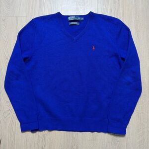 Polo Ralph Lauren Lambswool V-Neck Knit Sweater Mens Large Blue Red Cozy Preppy